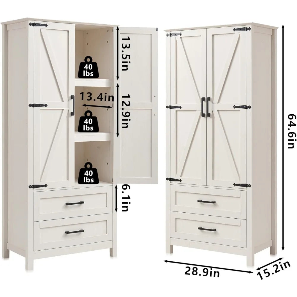 Storage Cabinet, with 2 Drawers & Adjustable Shelves & Barn Doors, Farmhouse Wood