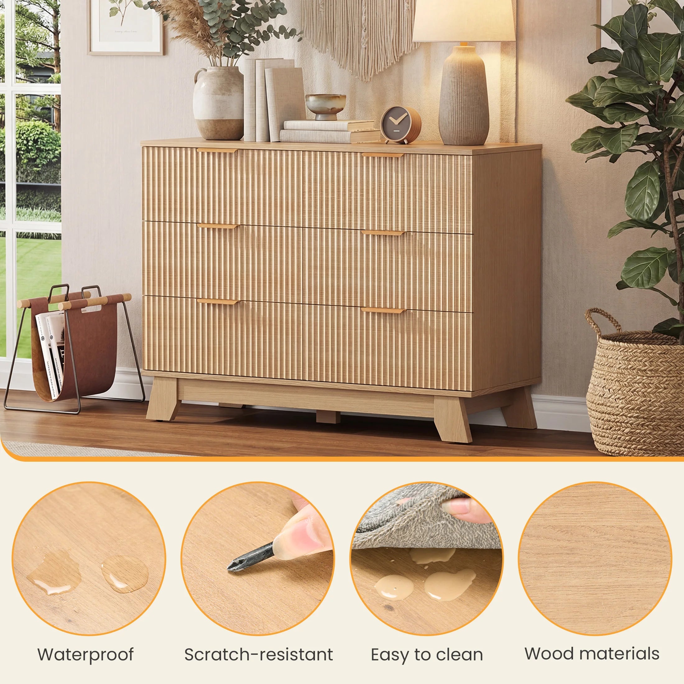 Fluted Wooden 6 Drawer Dresser Cabinet Wide Modern Chest of Drawers with Gold Metal Handles