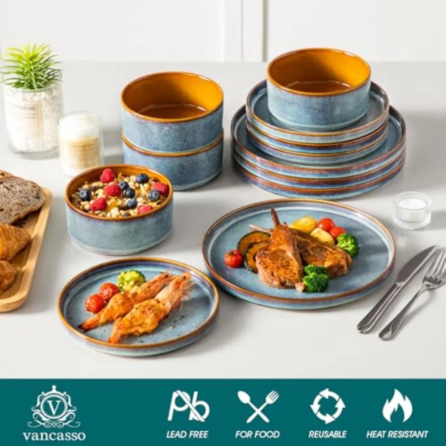 12 Pieces Stoneware Plates and Bowls Sets for 4, Reactive Glaze Dishes Set for Kitchen, Dishwash