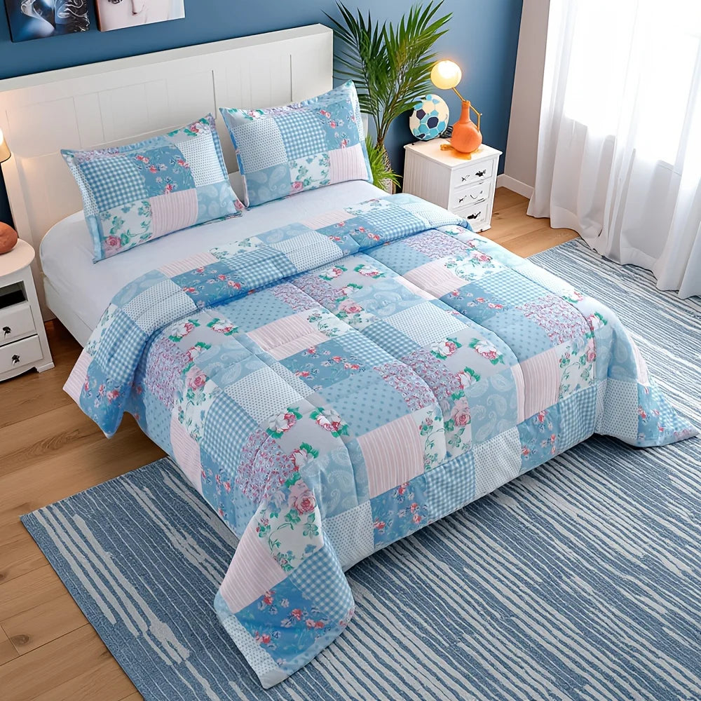 2/3pcs Luxury Comforter Set, Blue Checkered Floral Design, Lightweight Quilt Set  Includes 2 cases