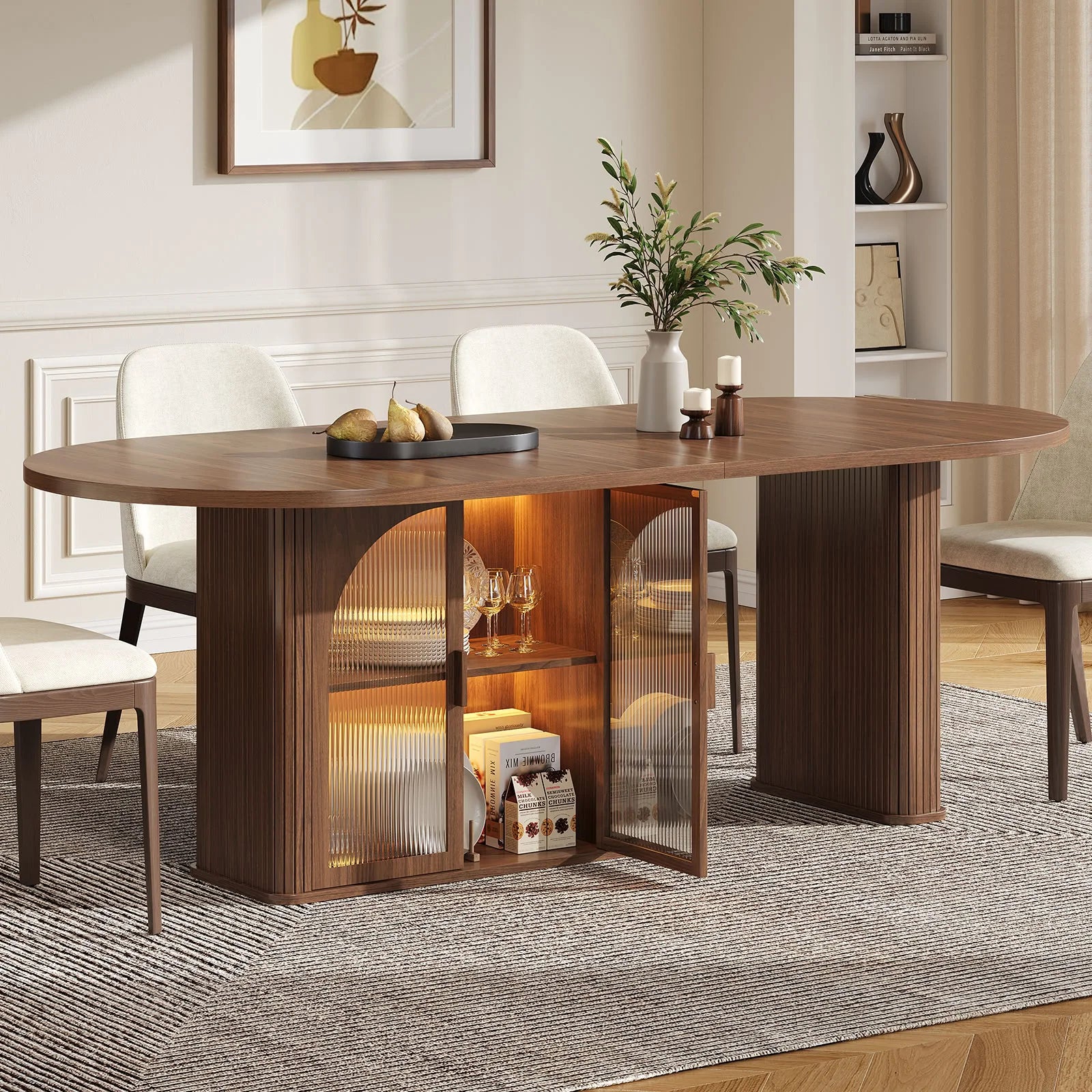 Walnut 70 Inch Oval Dining Table for 6-8 People,  with 2-Tier Storage Space, Wood Center LED Light, Dinner Table with Heavy Duty Legs