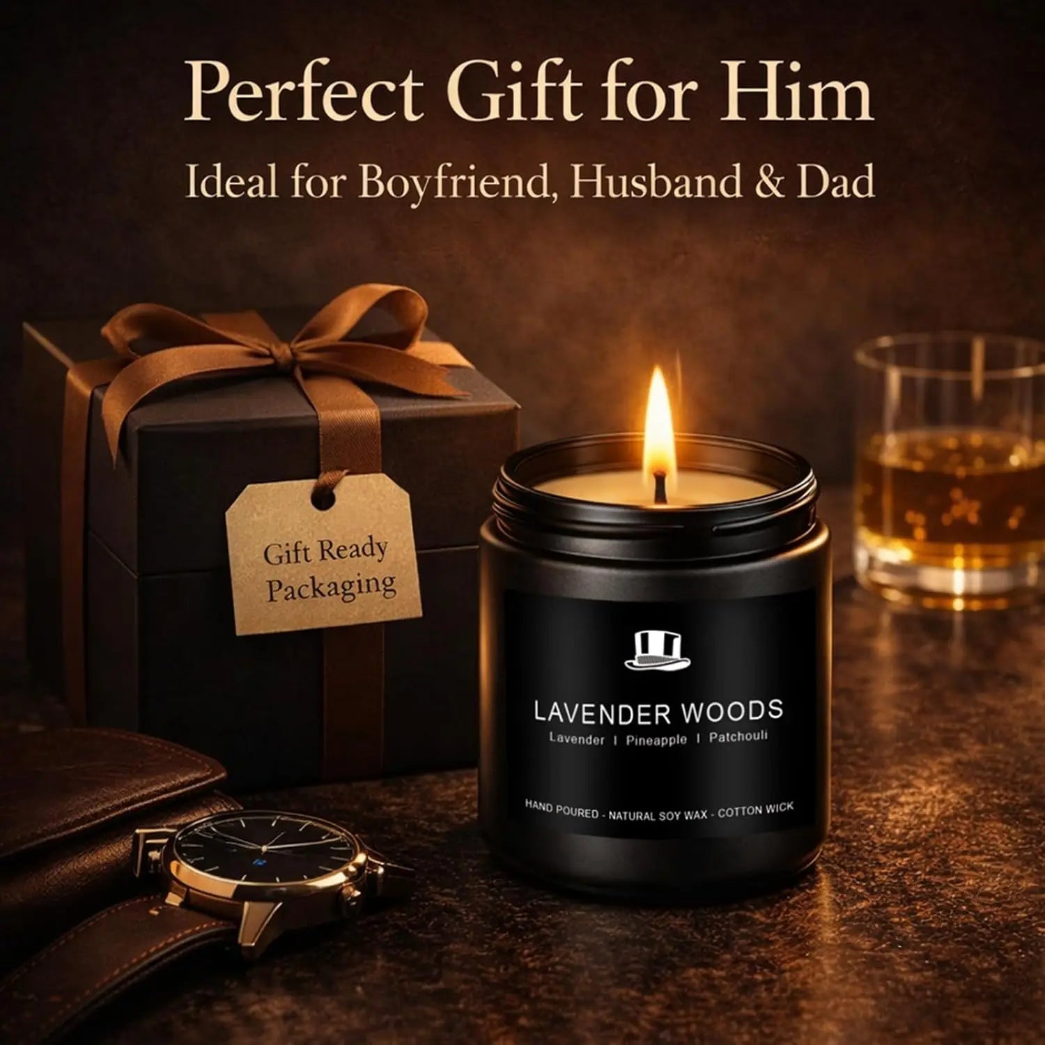 4-Pack Masculine Soy Candles for Men: Leather, Smoke, Oak & Lavender - 200hr Burn Time