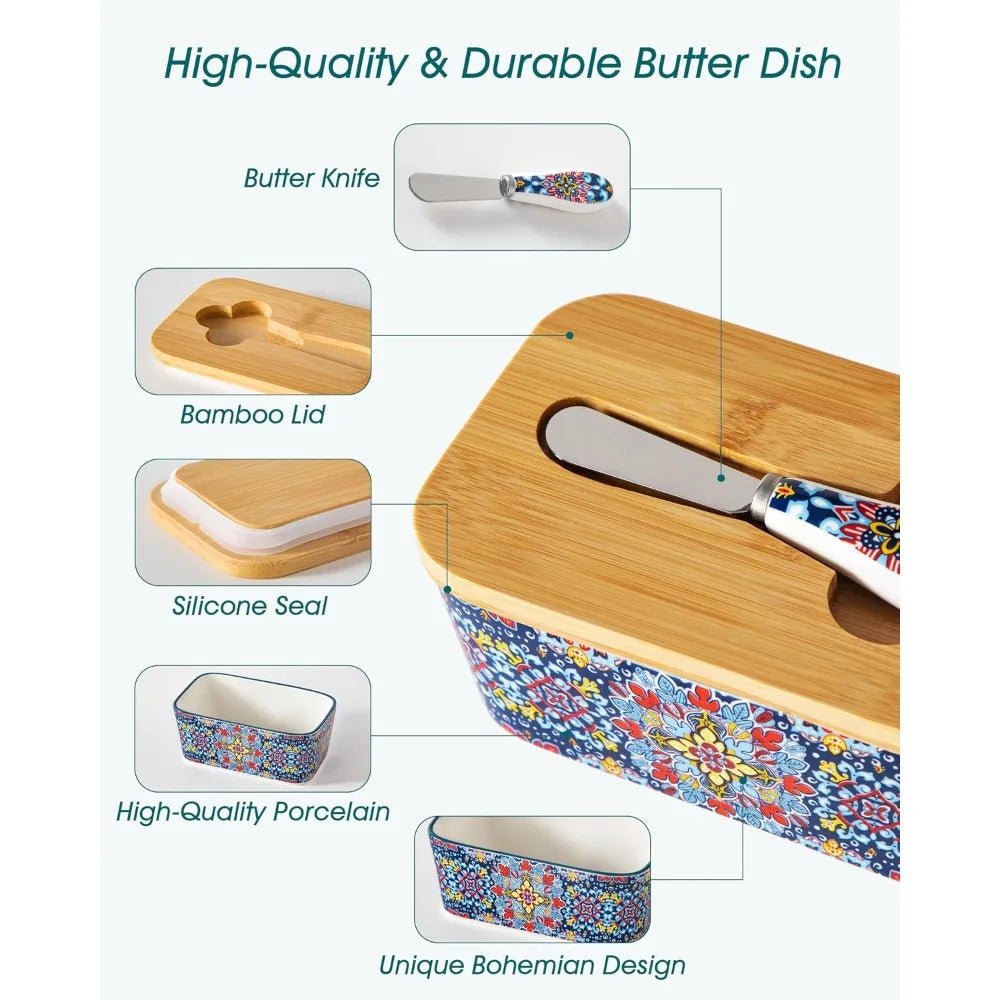 Bohemian Ceramic Butter Dish with  Bamboo Lid and knife , 6.5"