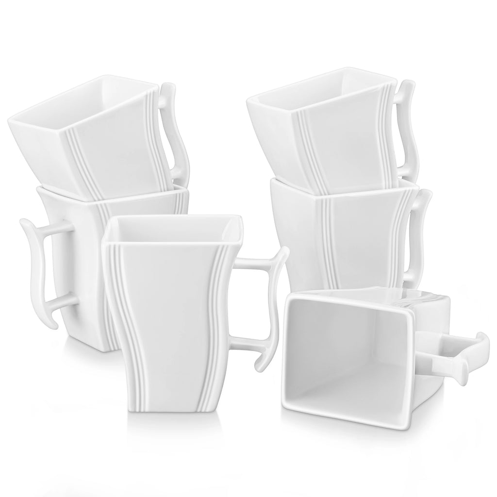 6 Piece White and Marble Coffee Service Set Cream White Porcelain Square Coffee Cups 5.5 Inch 500ML