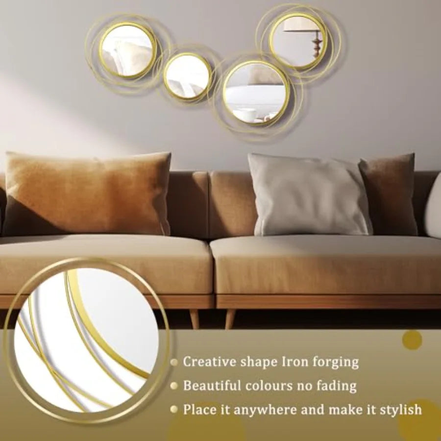 4 Pcs Decorative Wall Mirror Round Modern Circle Mounted Mirror Metal Wall Art Decor