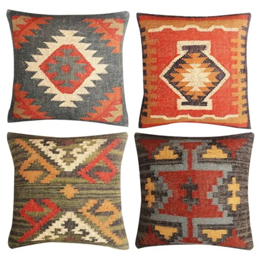 Set of 4 Turkish Handwoven Wool Jute Vintage Kilim Cushion Covers