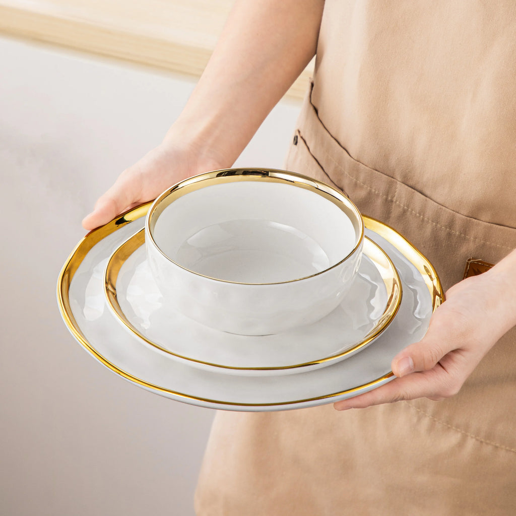 12/24 Piece Ceramic Porcelain White and Golden Rim Dinnerware Sets With 4/8 PCS Dinner Plate/Dessert/Cereal Bowl for 4
