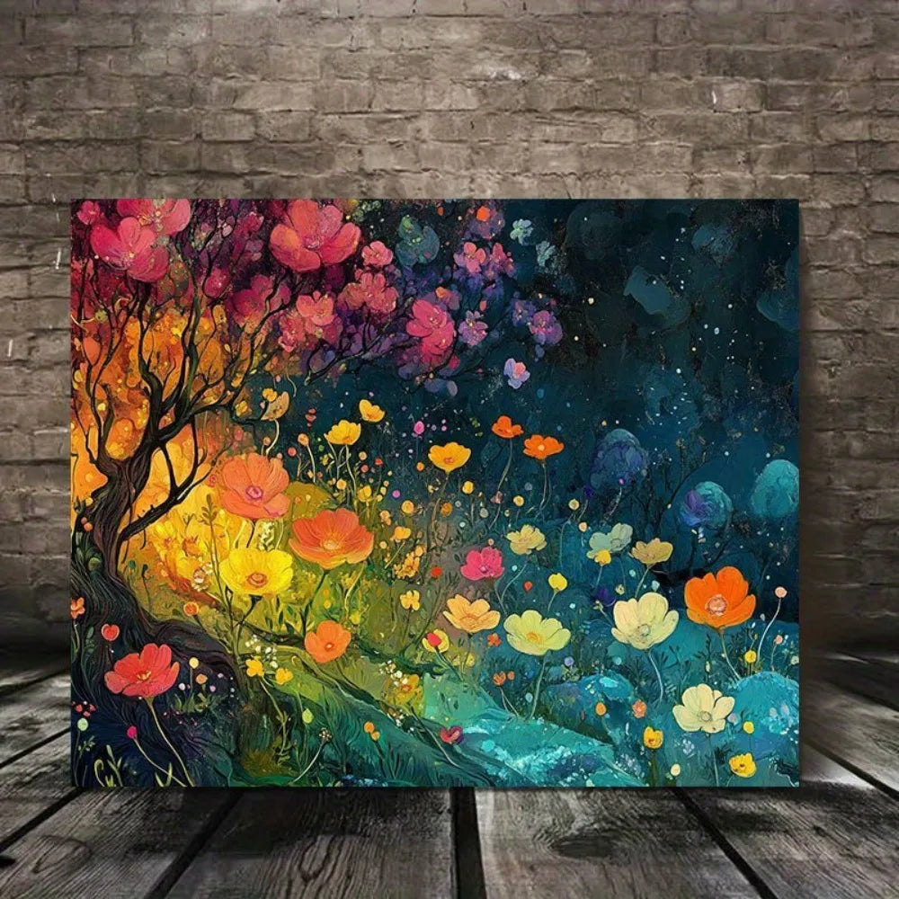1.5 inch thickness, interior decorative floral and tree art, bright, colorful