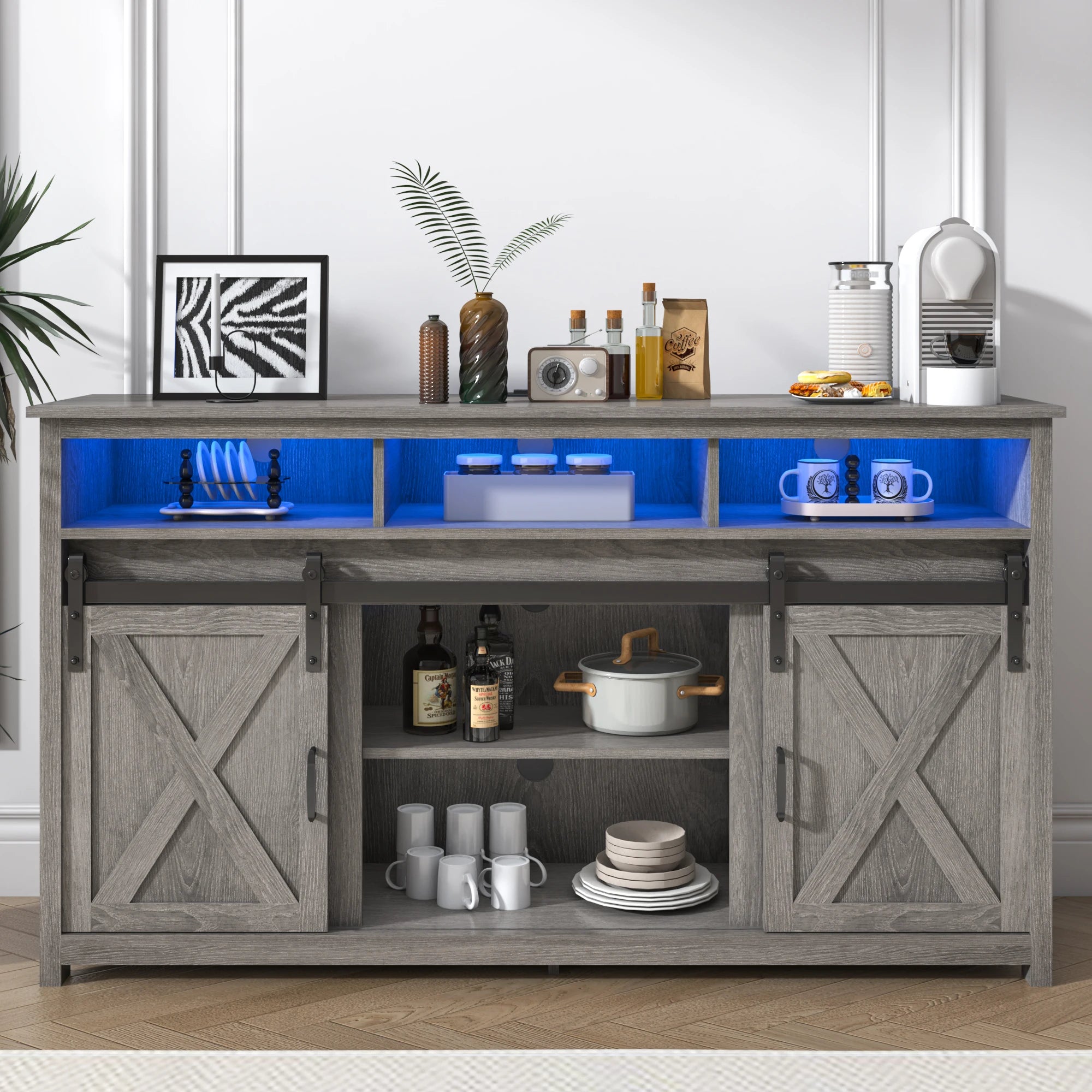 TV Stand Farmhouse Cabinet Rustic Sliding Barn Door Storage Cabinet with Power Outlet & LED Light