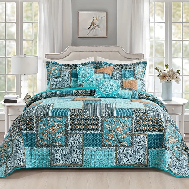 Lightweight Teal Cotton Quilt Comforter Set, Consisting of 3pcs Including 2 Pillowcases