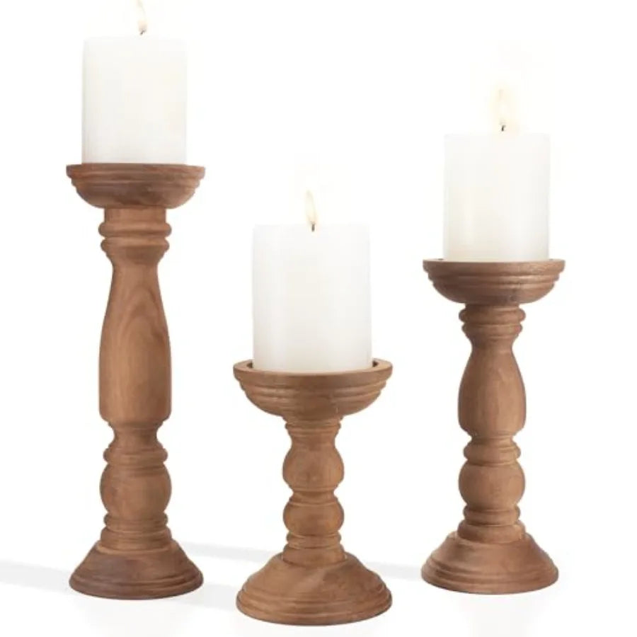 Farmhouse Pillar Rustic Wooden Candle Holders 3 PC 12'' 9'' 6'' Vi