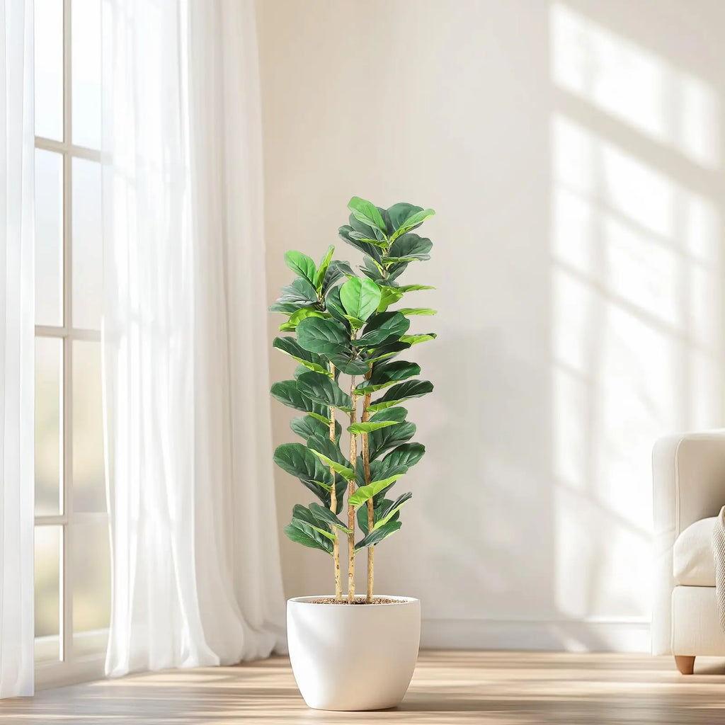 Artificial Fiddle Leaf Fig Tree with White Planter, 5/6/7 ft Natural Wood Trunk,