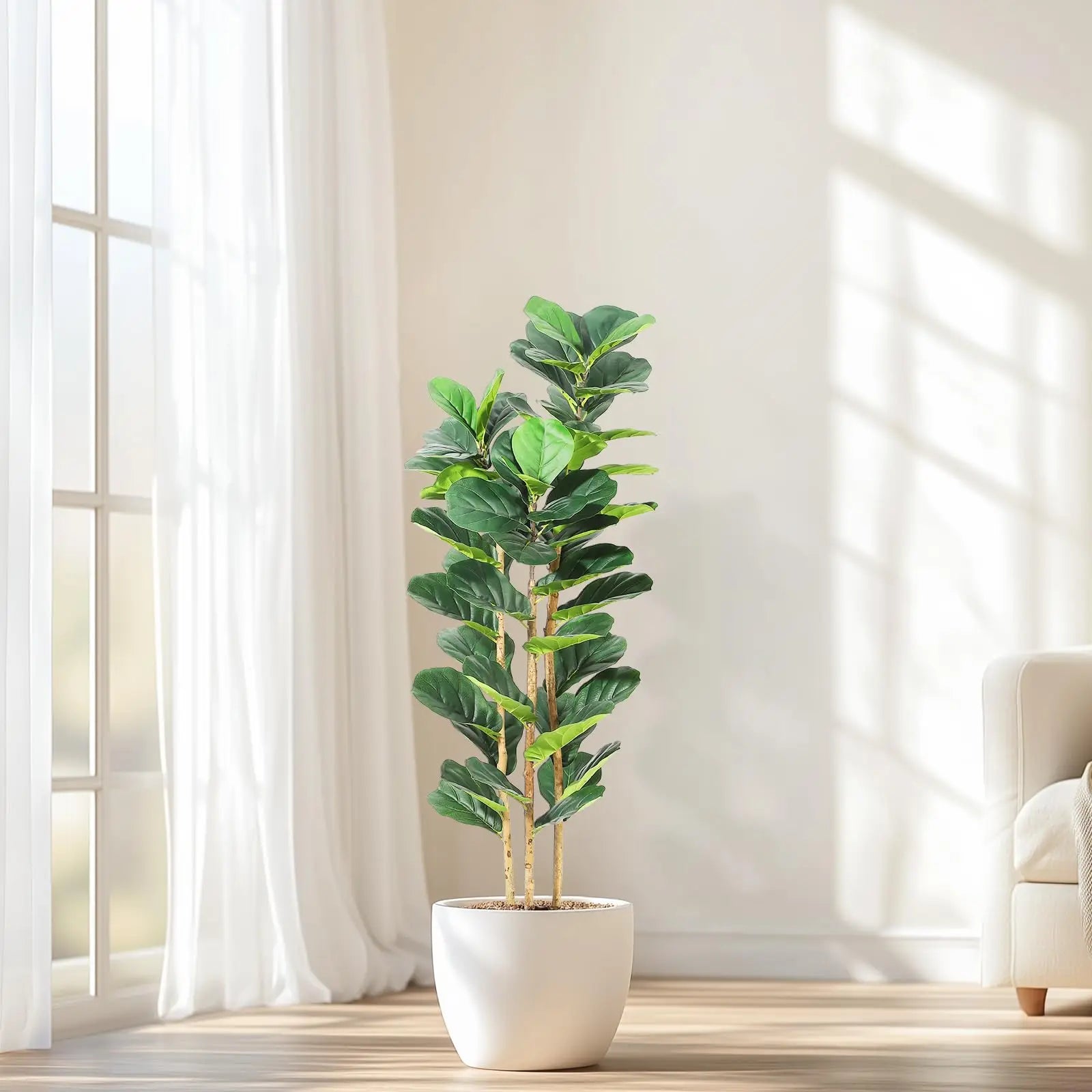 Artificial Fiddle Leaf Fig Tree with White Planter, 5/6/7 ft Natural Wood Trunk,