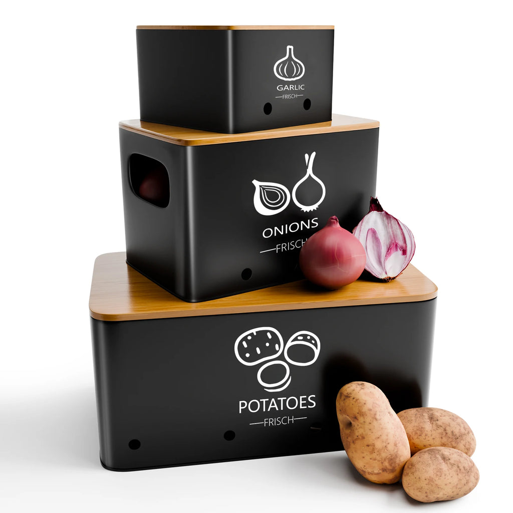 3-Piece Vegetable Storage Box Set, Potato, Onion and Garlic  Kitchen Countertops, With Lid Metal
