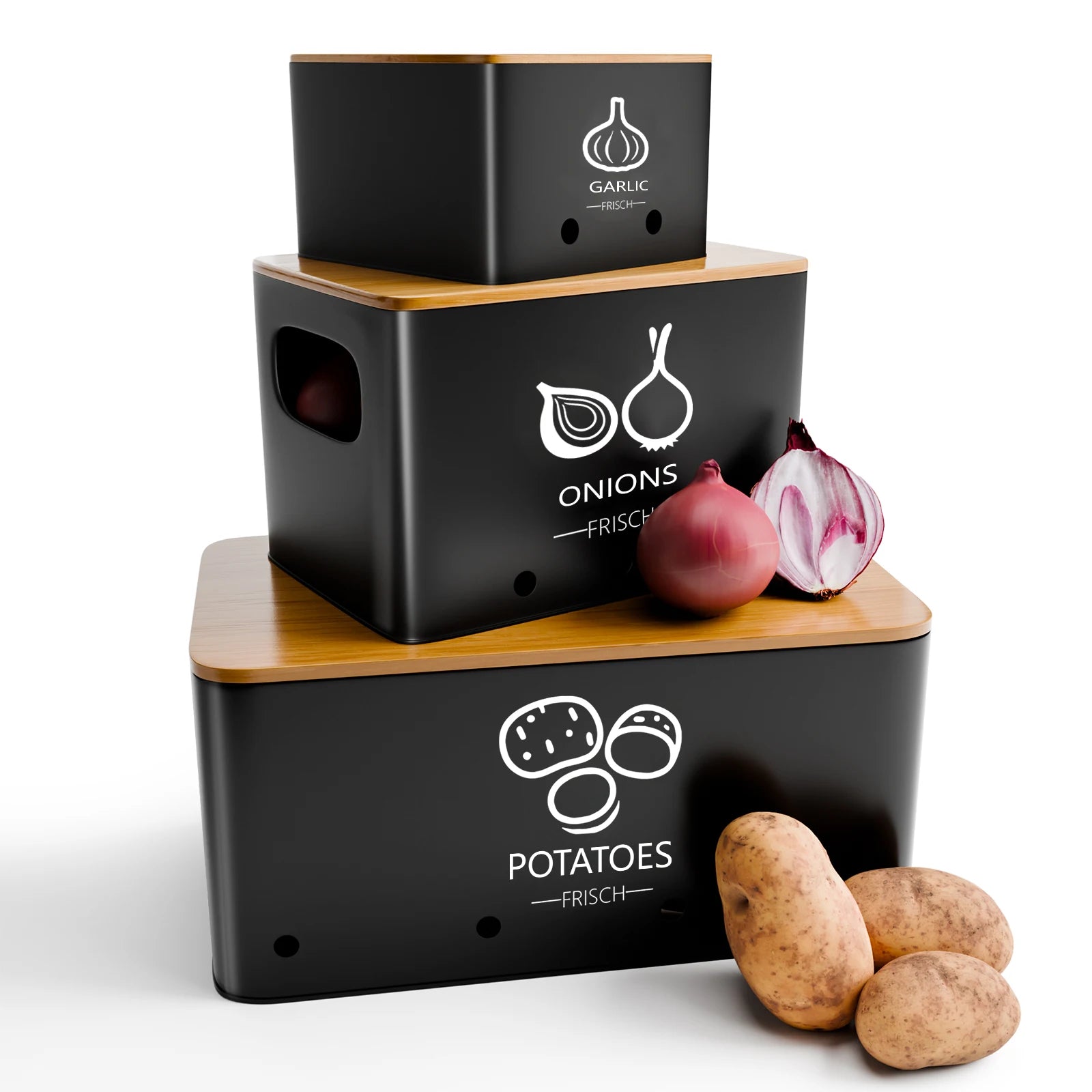 3-Piece Vegetable Storage Box Set, Potato, Onion and Garlic  Kitchen Countertops, With Lid Metal
