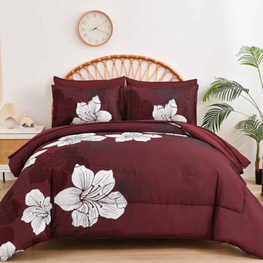 Floral Comforter Set Size, 7 Pieces Bed in a Bag Floral Comforter and Sheet Set, Soft Microfiber