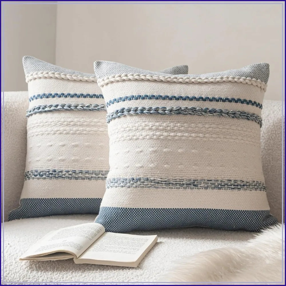 Blue Boho Throw Pillow Covers 18x18 Inch Set of 2, Textured Decorative Couch Cushion Cases for Farmhouse Home Decor