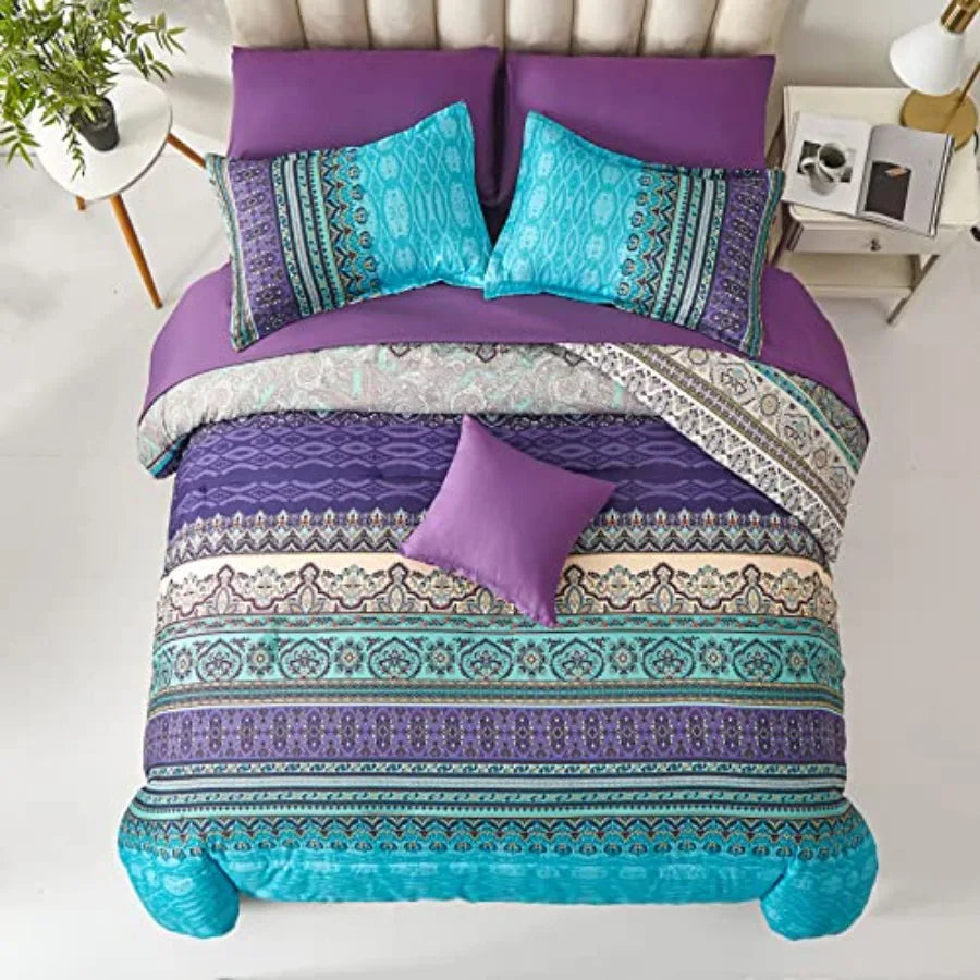 8 Pcs Bed in a Bag Bohemian Striped Bedding Quilt Set Paisley Floral Comforter and Sheet Microfiber