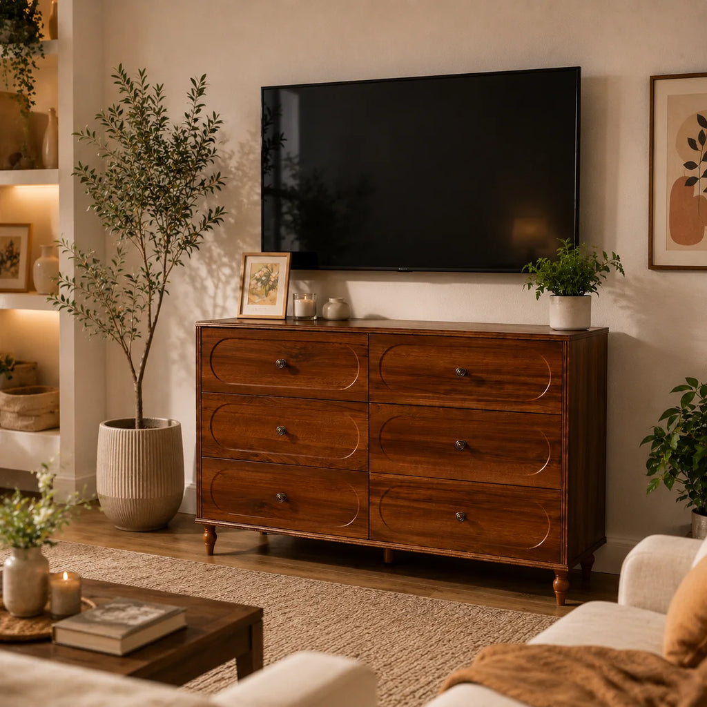 Stylish Mid-Century Modern 6-Drawer Dresser – 47” Wide Dark Walnut Wood Chest with Solid Legs