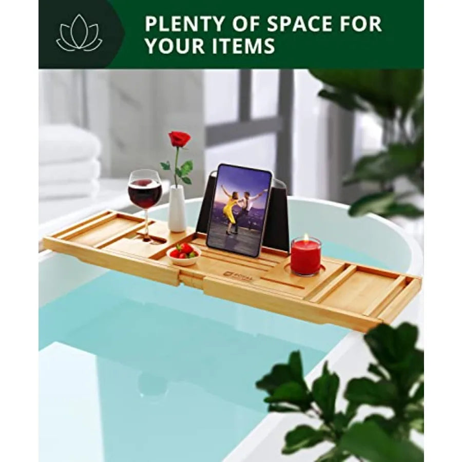 Premium Foldable  Bamboo Wood Bathtub Tray Caddy Expandable