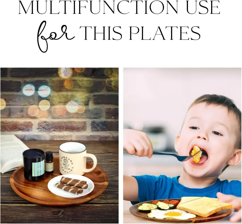 Acacia Wooden Plates Set of 4, 11 Inch Round Dinner Plates, Natural Unbreakable Lightweight