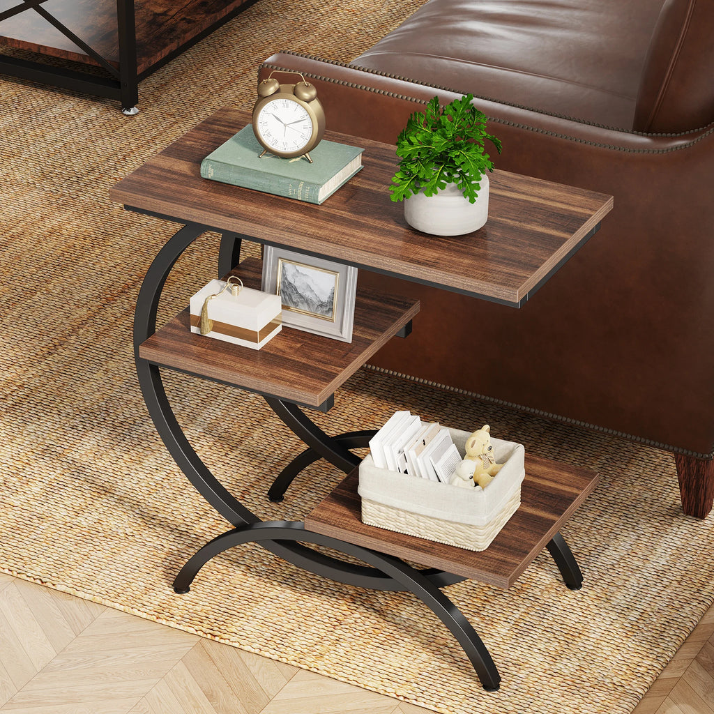C-Shaped End Table, Industrial 3-Tier Small Table Wood with Storage Shelves