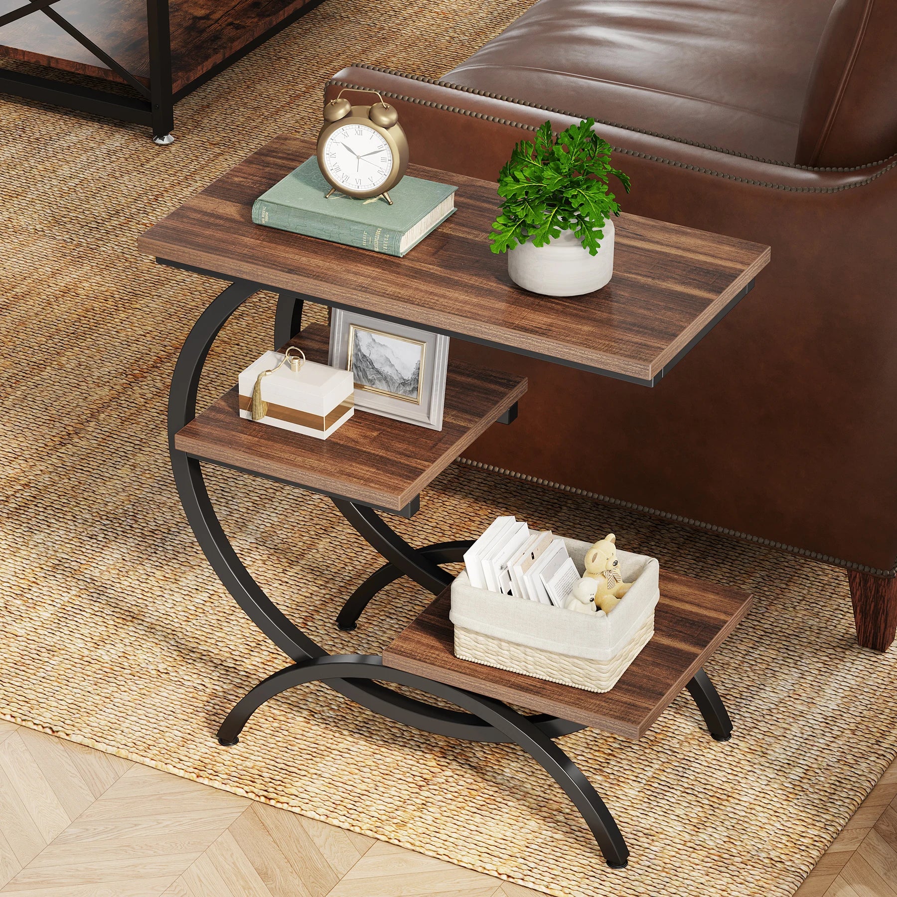C-Shaped End Table, Industrial 3-Tier Small Table Wood with Storage Shelves