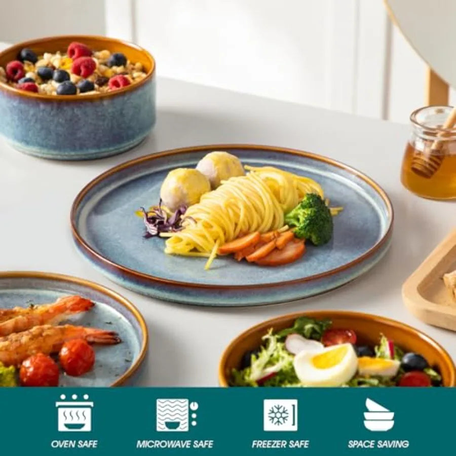 12 Pieces Stoneware Plates and Bowls Sets for 4, Reactive Glaze Dishes Set for Kitchen, Dishwash