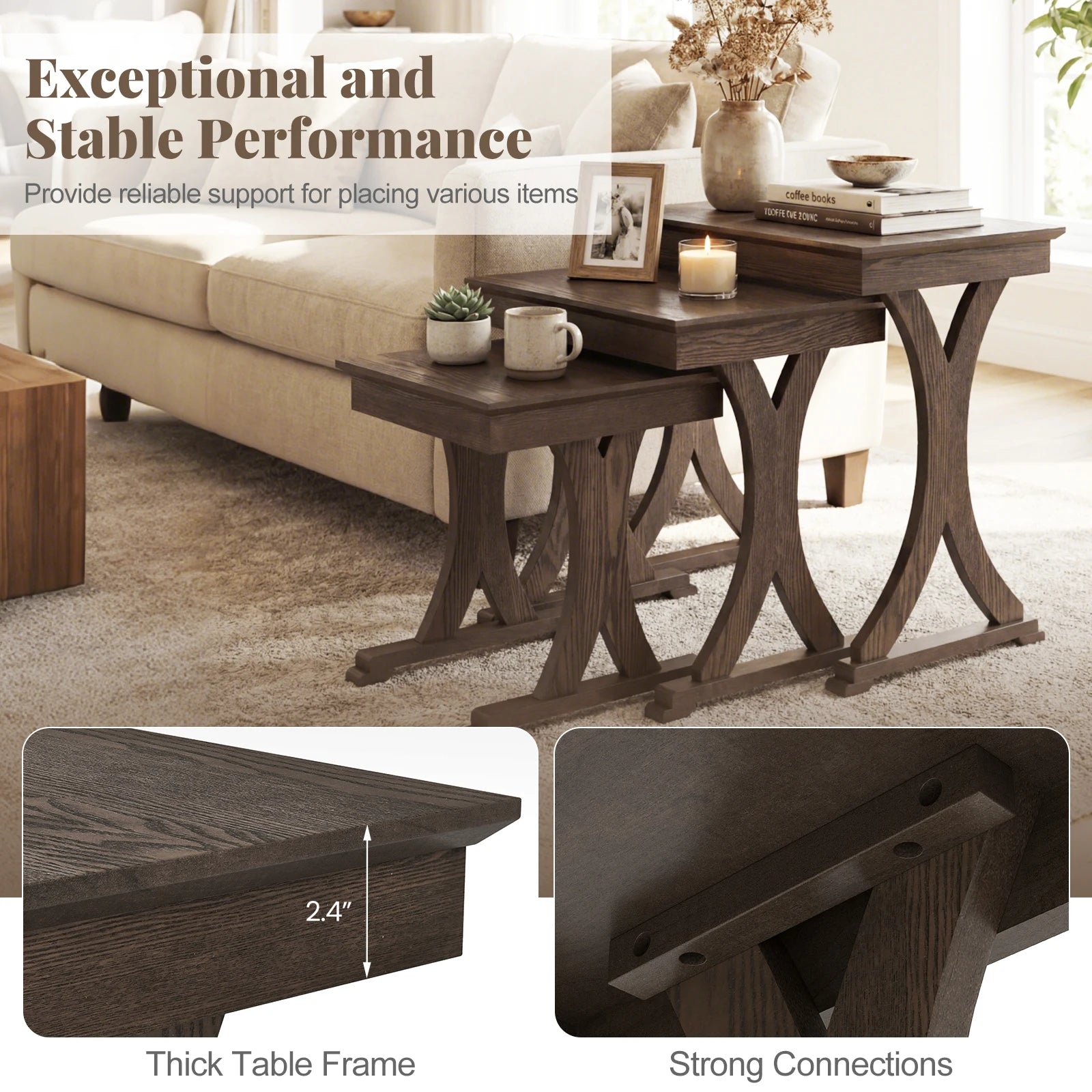 3PCS Nesting Table, Side Table w/ Solid Rubber Wood Legs