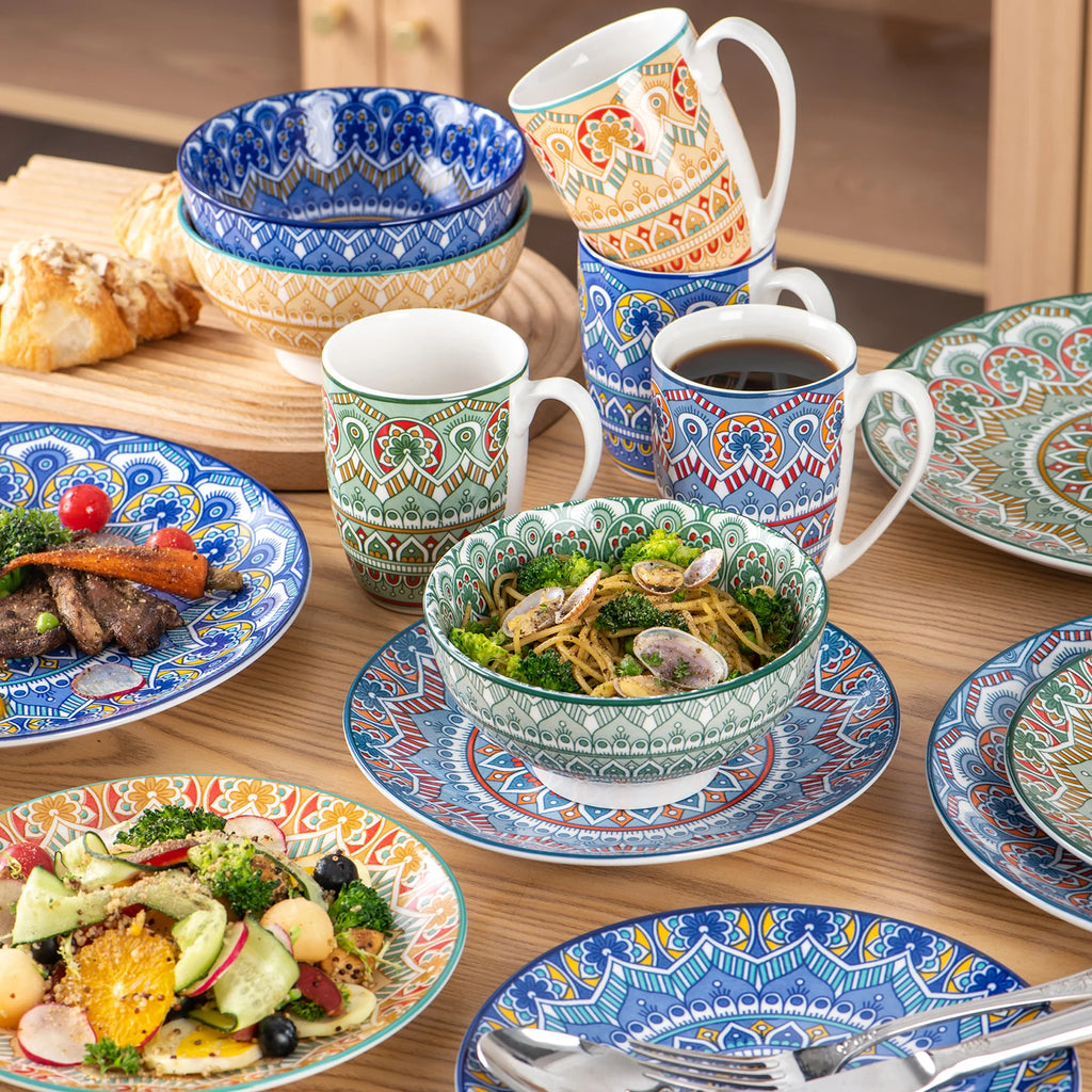 16/32/48-PCS Ceramic Plate Porcelain Dinnerware Set Bohemian Mandala Patterned with Dinner Plate,Dessert Plate,Bowl,Mug