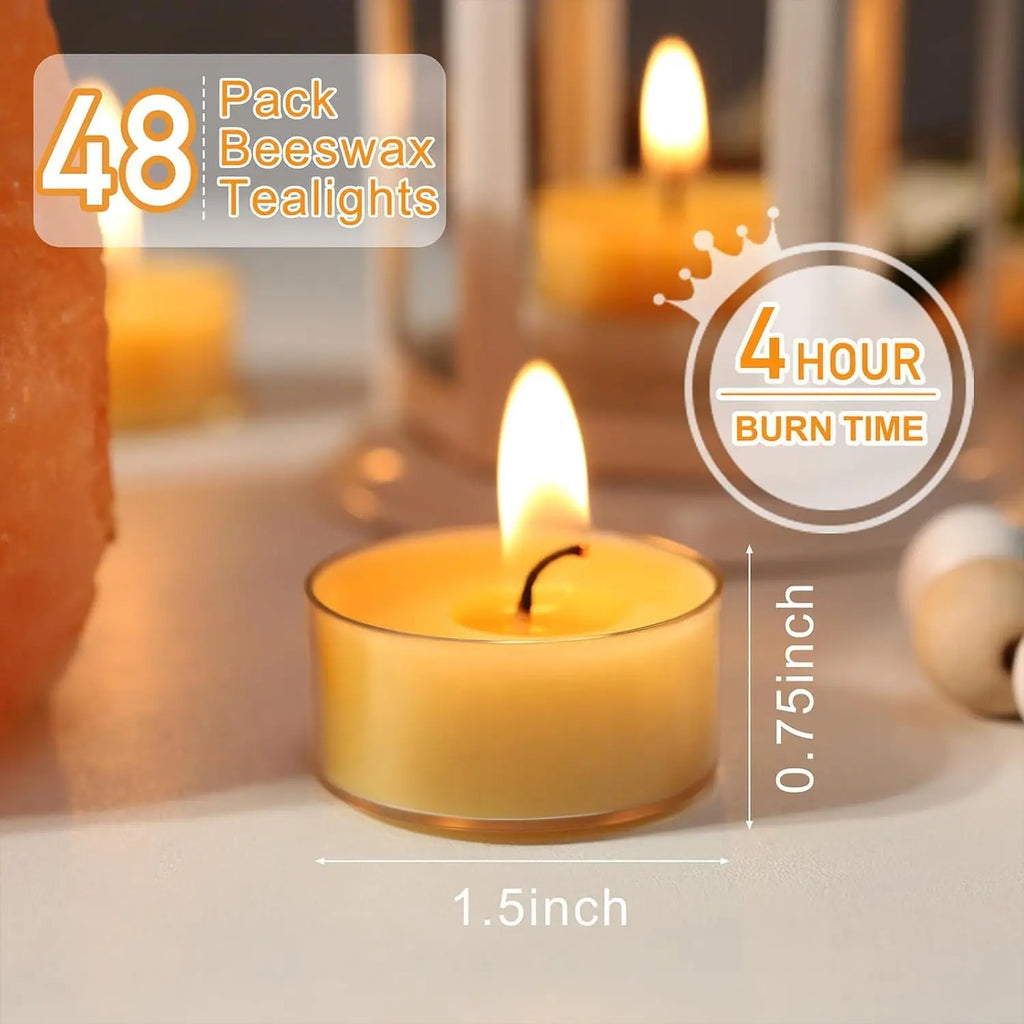 48-Pack Pure Beeswax Tealight Candles, 4-Hour Burn Time
