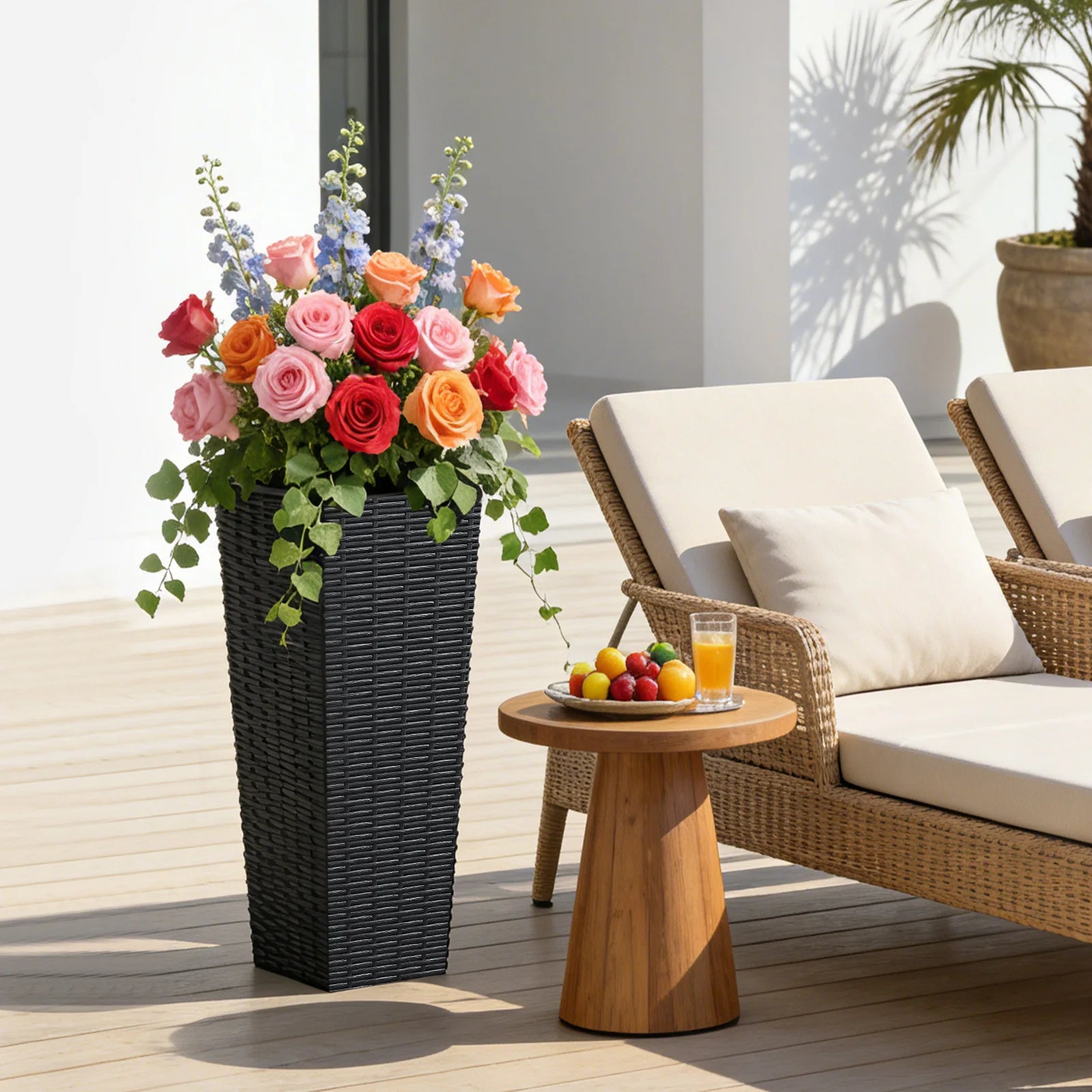 Resin Tall Plant Pots Large Tapered Flower Pots with Drainage Holes Removable Inner Pot Rattan