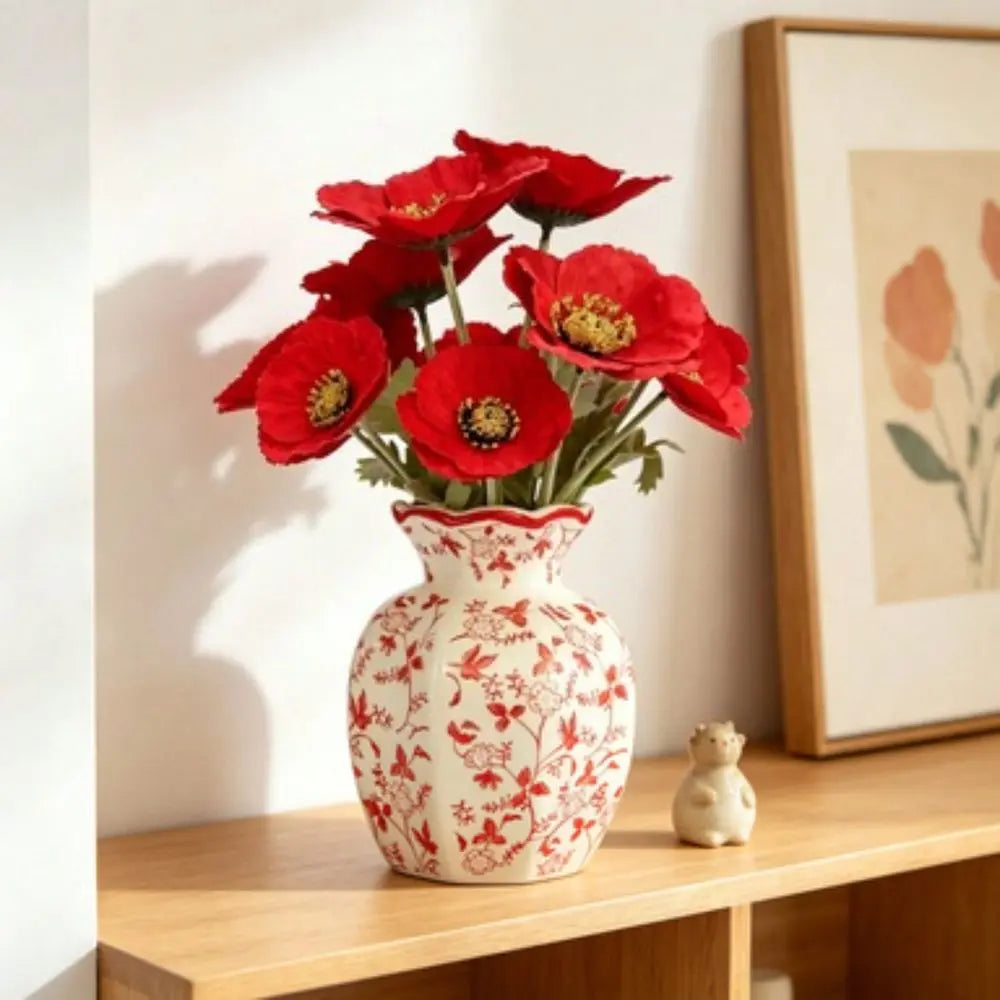 Poppies In Red And White Floral Vase, 11.5 ,