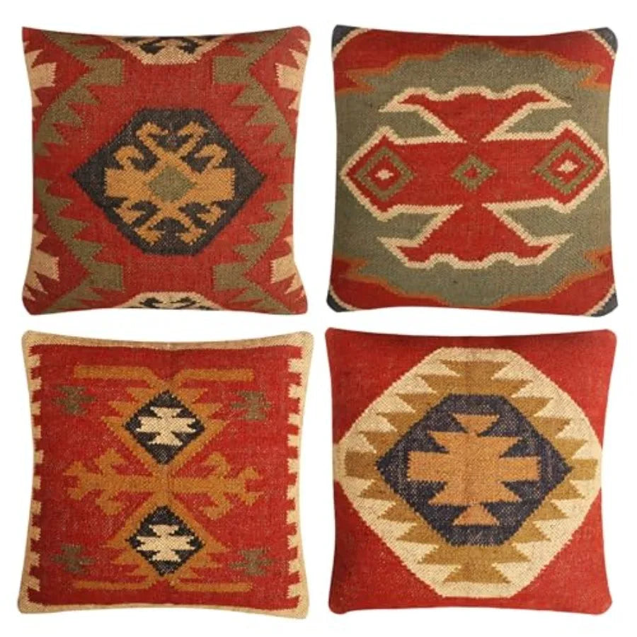 Set of 4 Turkish Handwoven Wool Jute Vintage Kilim Cushion Covers
