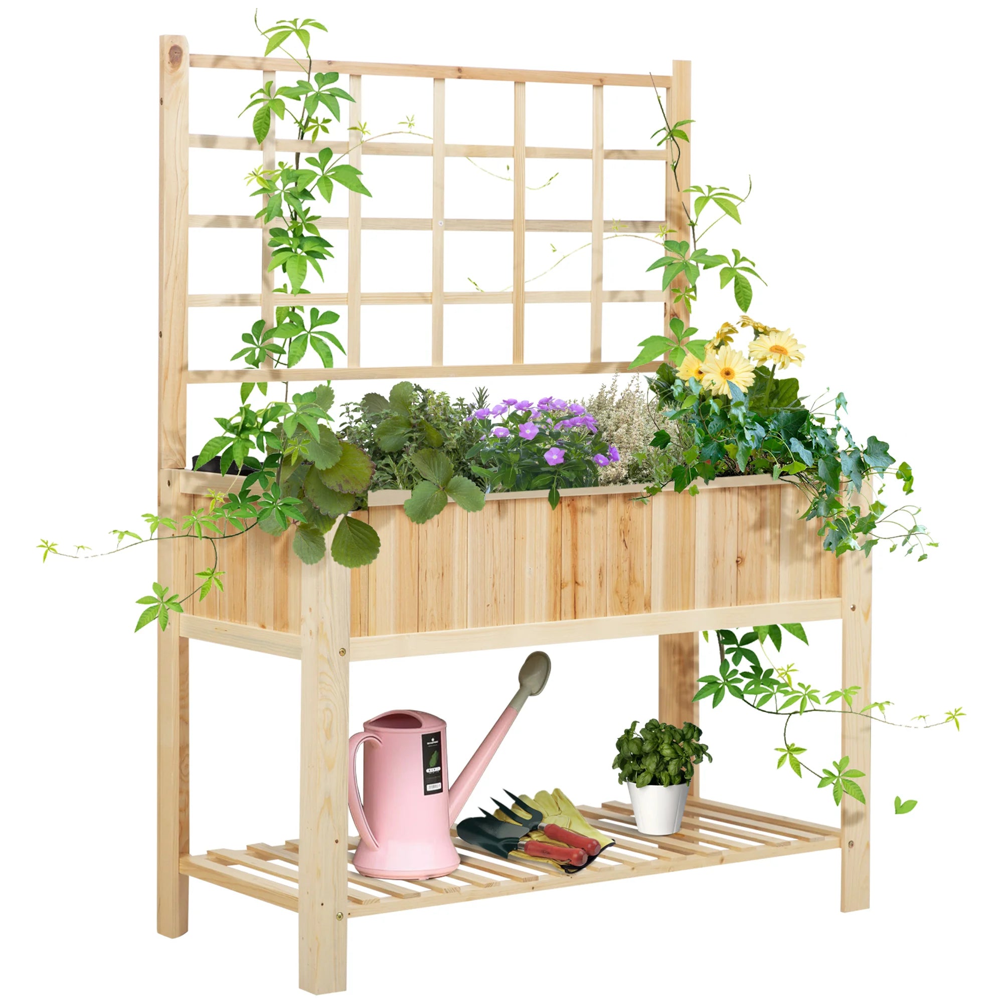 47'' Wooden Raised Garden Bed with Trellis, Countryside Style Elevated Planter Stand with Open Storage Shelf
