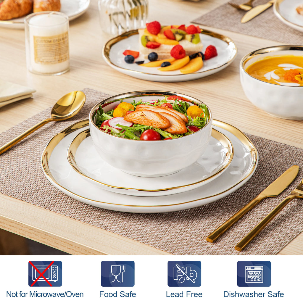 12/24 Piece Ceramic Porcelain White and Golden Rim Dinnerware Sets With 4/8 PCS Dinner Plate/Dessert/Cereal Bowl for 4