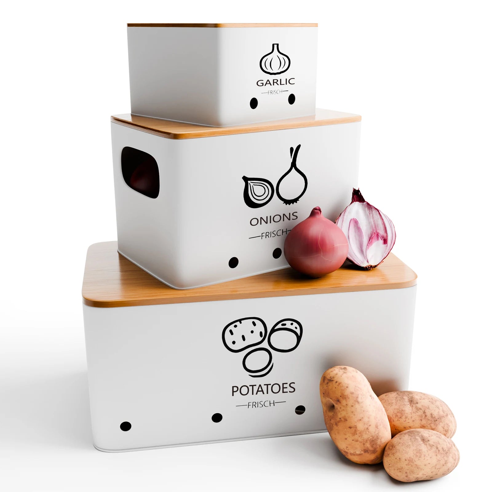 3-Piece Vegetable Storage Box Set, Potato, Onion and Garlic  Kitchen Countertops, With Lid Metal