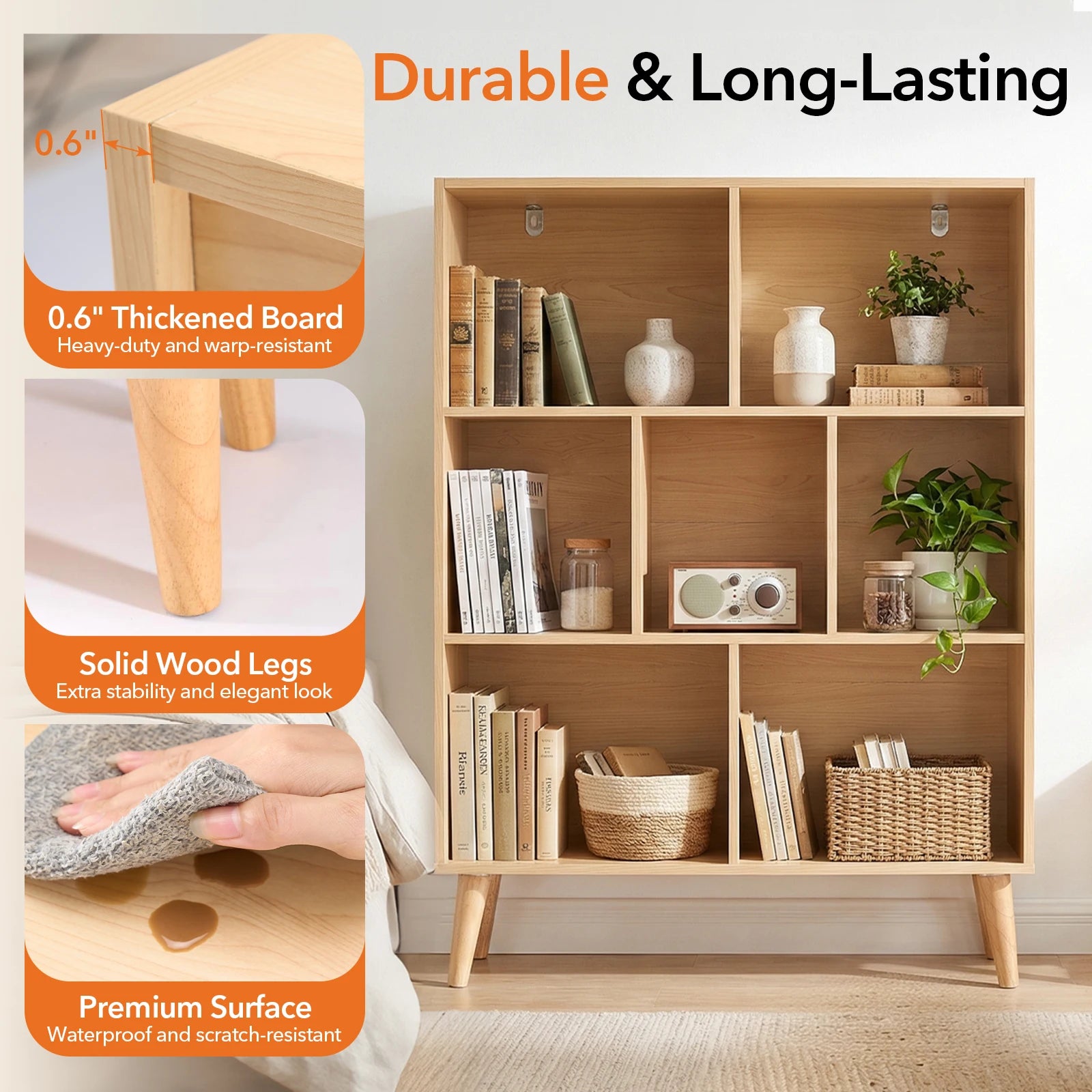 3 Tier Bookshelf Wooden 7 Cube Storage Organizer Display Bookcase Open Standing Shelf with Legs Graduated Shelves for Home