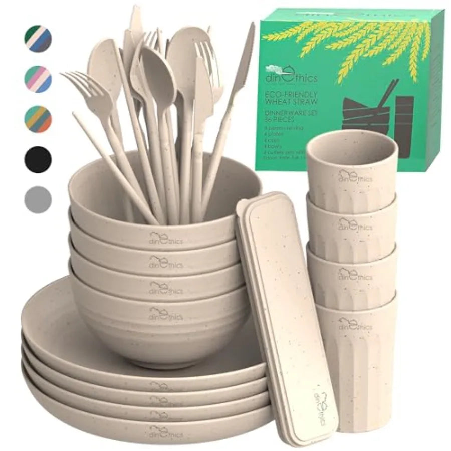 Wheat Straw Dinnerware Sets For 4 - Camping Plates Cups And Bowls Set - Dishwasher Microwave Safe Dishes