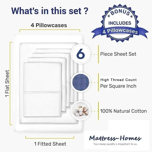 King Sheet Set 6 Piece, 100% Egyptian Cotton, 18 Inch Deep Pocket Fitted Sheet, Soft & Breathable Bedding with 4 Pillowcases