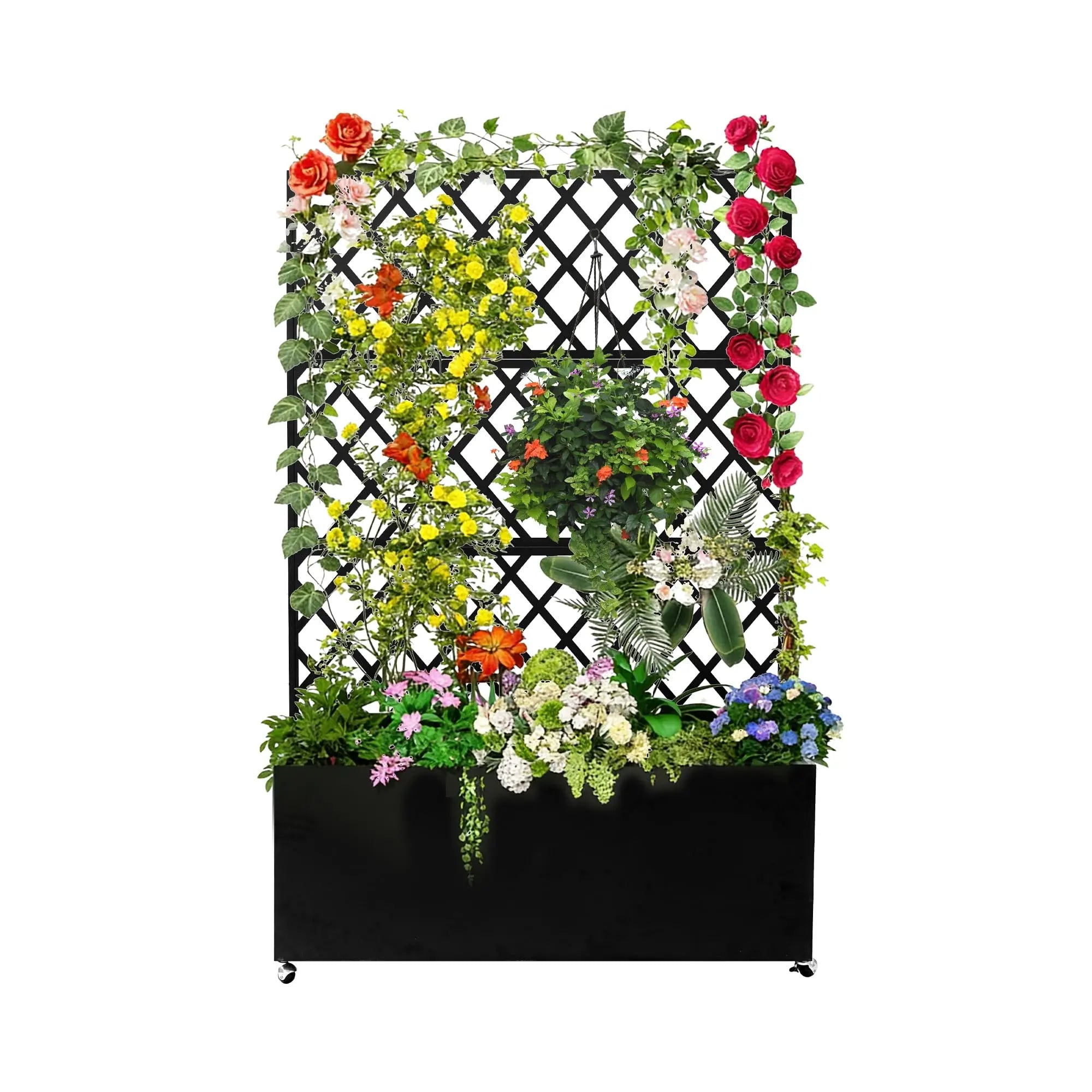 Galvanized Steel Raised Garden Bed With Trellis Privacy Screen, Locking Wheels & Drainage, Rolling Planter
