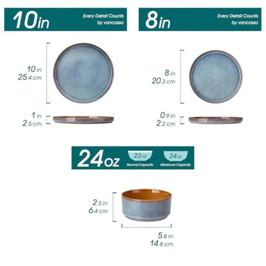 12 Pieces Stoneware Plates and Bowls Sets for 4, Reactive Glaze Dishes Set for Kitchen, Dishwash