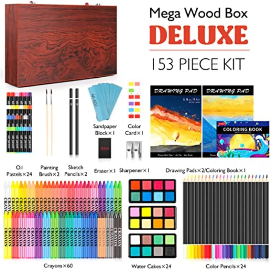 153-Pack Deluxe Art Set in Wooden Case, Drawing Painting  2 A4 Sketch Pads, Coloring Book