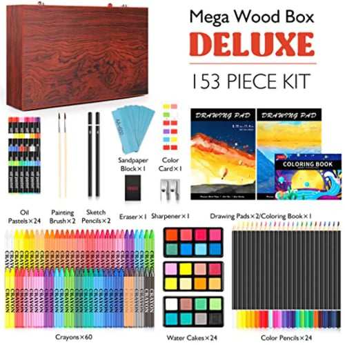 153-Pack Deluxe Art Set in Wooden Case, Drawing Painting  2 A4 Sketch Pads, Coloring Book