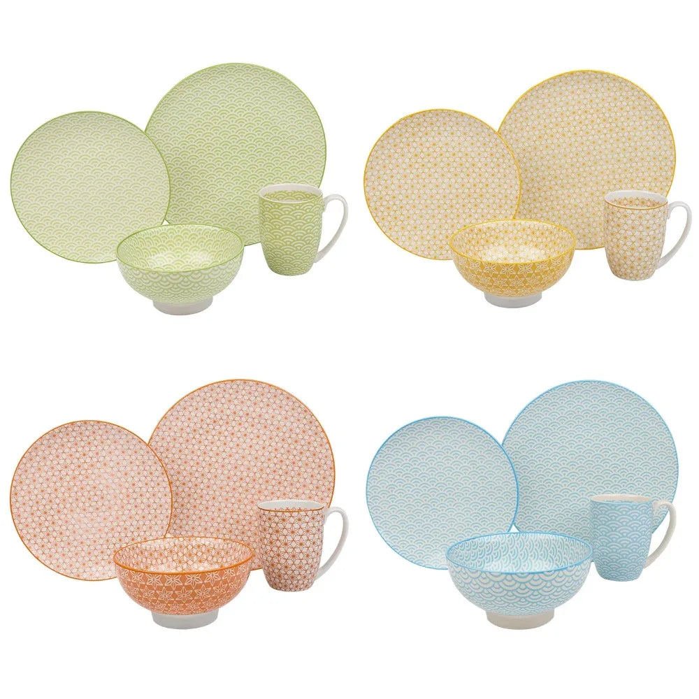 16 Pieces Porcelain Multi-Colour Japanese-style Dinnerware Set with 4PCS Dinner Plate Dessert Plate Bowl Mug