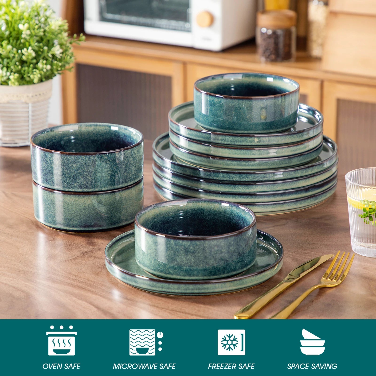 Vancasso 12/24/36 Black Green Reactive Glaze Piece Dinner set Vertical edge 4PCS Dinner Plate/ Dessert/Bowl