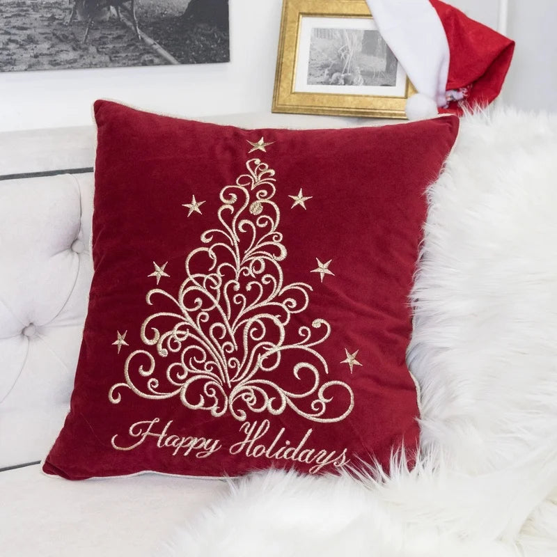 Red Velvet Holiday Throw Pillow 20x20" with Gold Embroidered Festive Design