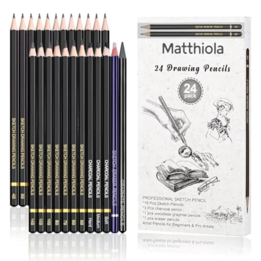 Sketching Pencil Set - 24 Pieces Drawing Sketch Pencil HB, B, 2B, 3B, 4B, 5B, 6B, 7B, 8B, 10B, 12B, 14B, H, 2H, 3H, 4H, 5H, 6H,