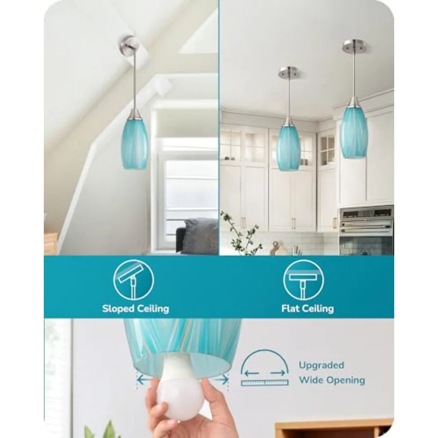 Pendant Lights Kitchen Island, Blue Handcrafted Art Glass, Blown Glass Pendant with 5.12" Dia x 11.40" H Shade,,Adjustable Brus