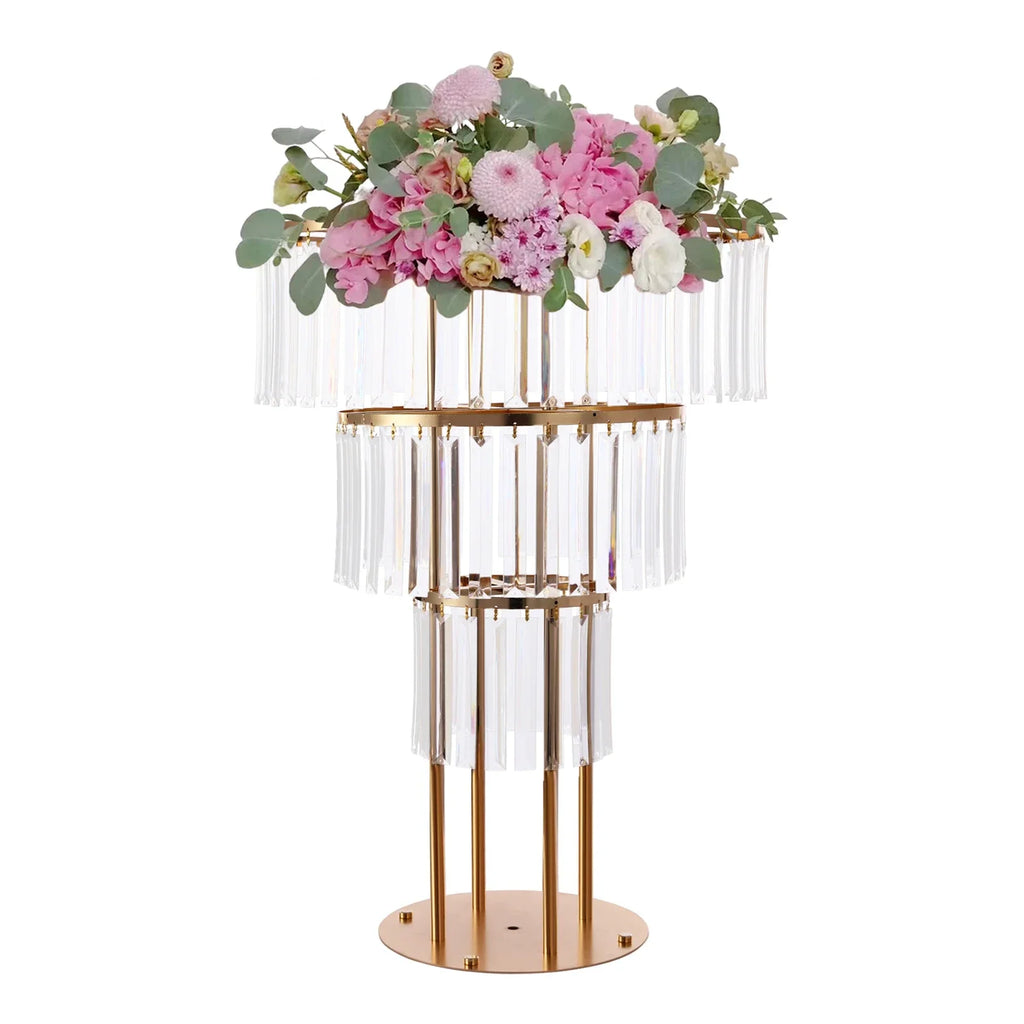 35.4inch Gold Centerpieces Table Crystal Flower Stand 3 Tier Vase Metal Round Chandelier